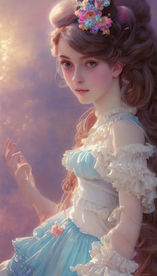 Prompt: portrait of magical lolita girl, dreamy and ethereal, pastel blue eyes, peaceful expression, ornate frilly dress, fantasy, intricate, elegant, rainbow bubbles, highly detailed, digital painting, artstation, concept art, smooth, sharp focus, illustration, art by artgerm and greg rutkowski and alphonse mucha