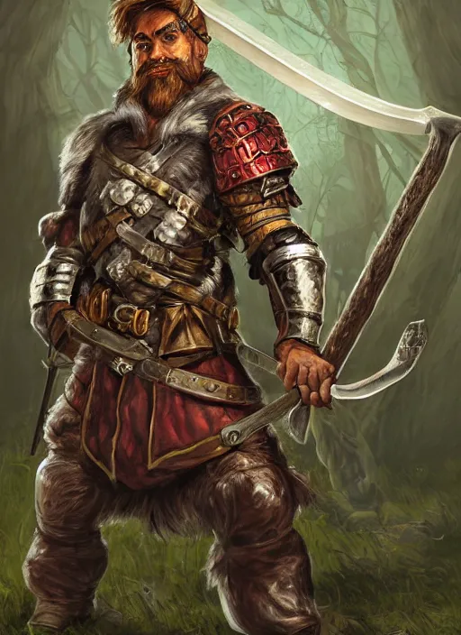 Image similar to strong young man, photorealistic bugbear ranger holding a flaming sword, black beard, dungeons and dragons, pathfinder, roleplaying game art, hunters gear, jeweled ornate leather and steel armour, concept art, character design on white background, by alan lee, norman rockwell, makoto shinkai, kim jung giu, poster art, colours red and green