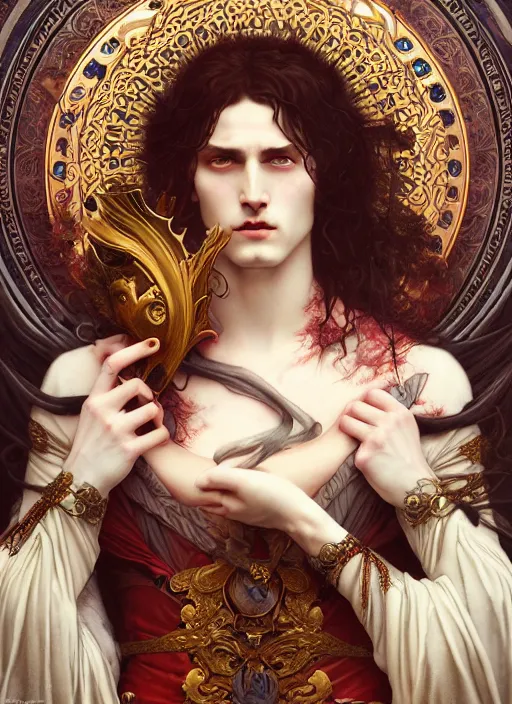 Prompt: majestic immortal vampire lord porcelain skin man movie poster, art style by edmund leighton, tom bagshaw, alphonse mucha, exquisite digital art, haunting, masterpiece, organic painting, photorealistic, ornate and hyper detailed