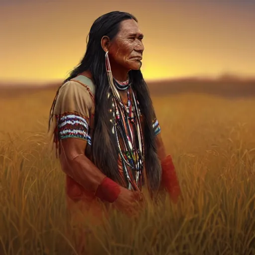 Prompt: native american indigenous man wearing traditional clothing standing in the grass, facing forward, smiling, greg rutkowski, dusk, detailed artwork, unreal engine