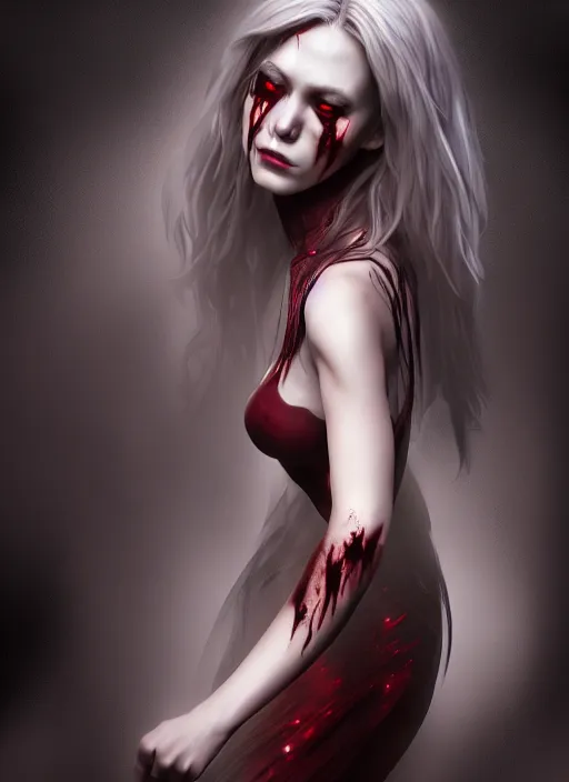 Prompt: beautiful full body portrait vampire queen blood highly detailed CGsociety subtle concept art HDR hyper realistic volumetric lighting subsurface scattering unreal