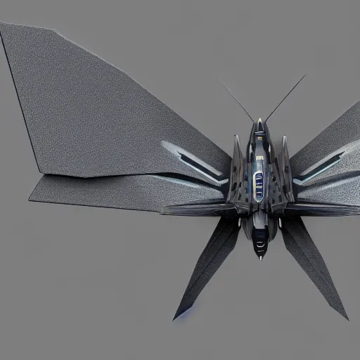 Image similar to cyberpunk moth with wings spread, gunmetal grey, very symmetrical, orthographic view, top down view, bottom view, side view, blueprints, mecha, lockheed martin f - 3 5 lightning ii, fighter jet, cybernetic, robotic, highly detailed, artstation, autodesk maya, super realistic, unreal engine