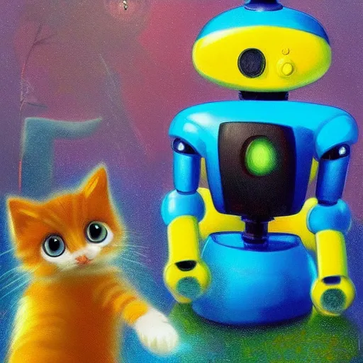 Prompt: An adorable tiny robot playing with a cat, dynamic, energetic, colourful, exciting, by Igor Zenin