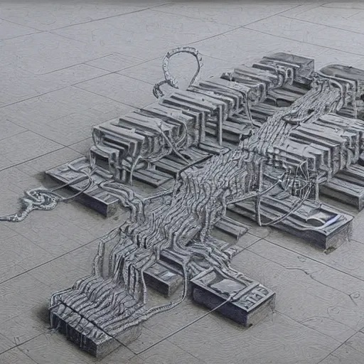 Image similar to A beautiful hyper realistic detailed painting of a chain of blocks, a cybernetic hybrid of 2 gigantic tall skyscaper sized quantum computers and a block calculator machine on a vast black granite tarmac, connected by gold and silver wire cables and chains, by Beksinski, beeple, unreal engine