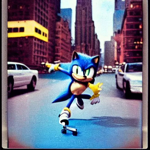 Prompt: polaroid image of sonic the hedgehog skating in new york city