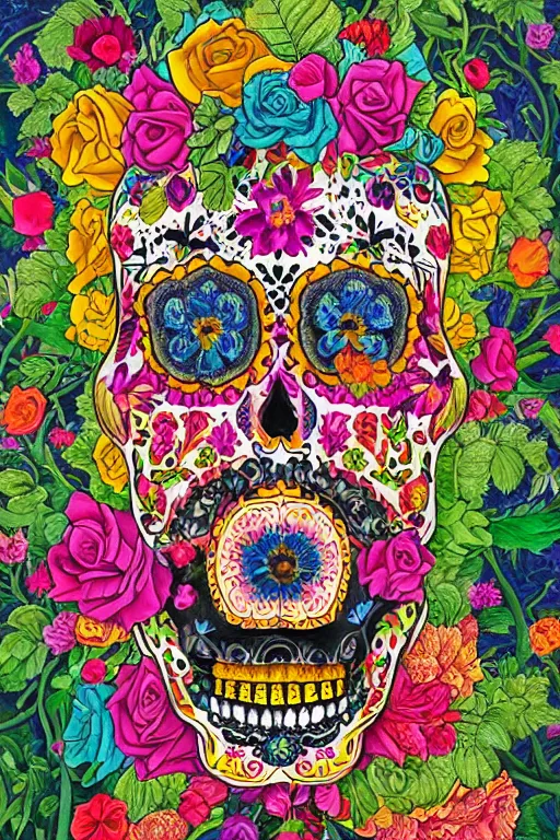 Image similar to illustration of a sugar skull day of the dead girl, art by raqib shaw