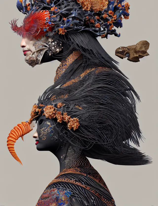 Image similar to 3 d goddess in robe close - up profile portrait with ram skull. beautiful intricately detailed japanese crow kitsune mask and clasical japanese kimono. betta fish, jellyfish phoenix, bio luminescent, plasma, ice, water, wind, creature, artwork by tooth wu and wlop and beeple and greg rutkowski