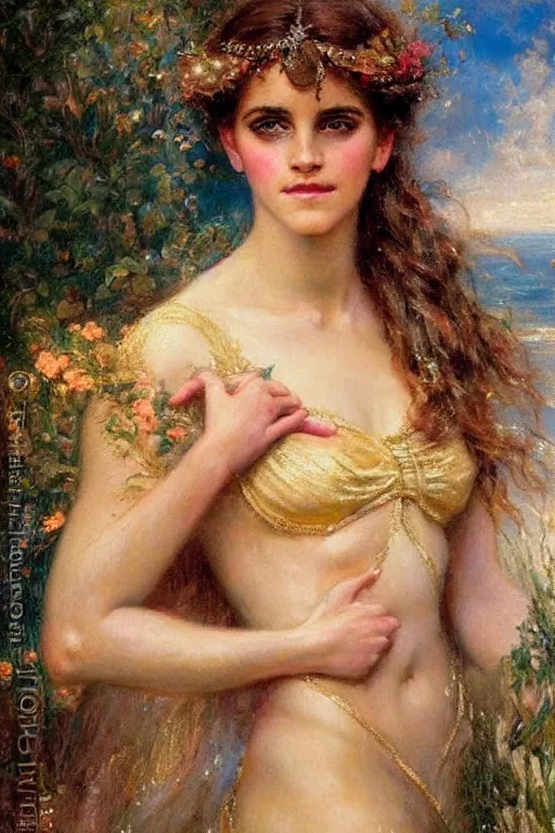 Image similar to portrait of emma watson as the goddess aphrodite. art by gaston bussiere.