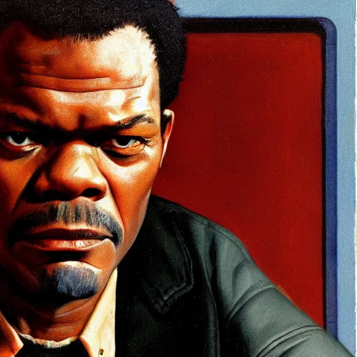 Image similar to Frontal portrait of Samuel L. Jackson from Pulp Fiction. A portrait by Norman Rockwell.