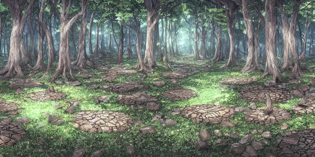 Prompt: a beautiful spiritual forest panorama concept art, with rune stones on the ground, by masanori warugai and kentaro miura