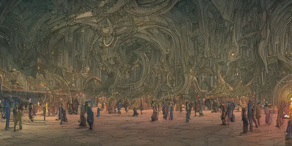 Prompt: matte illustration, cinematic shot of the interior of a scifi space station with ornate elven architecture bustling with people by jean giraud moebius, crystalline, emerald, highly detailed matte illustration by moebius, clean lines, sharp focus, intricate, elegant