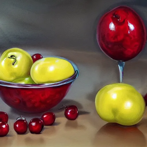 Image similar to artstation digital art a few Maraschino cherries in the bowl on the table,