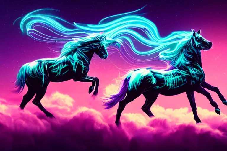 Image similar to a stunning horse with bioluminescent mane and tail running in the clouds by sandra chevrier and greg rutkowski, neon hooves, purple blue color scheme, vaporware, retro, outrun, high key lighting, volumetric light, digital art, highly detailed, fine detail, intricate, ornate, complex, octane render, unreal engine, photorealistic