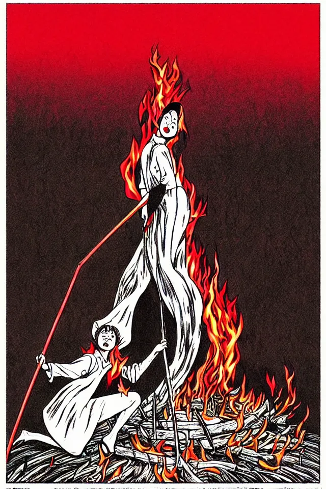 Prompt: glossy old advertising poster of a witch burning at the stake, drawn comic by junji ito, pastels, gradient, red,