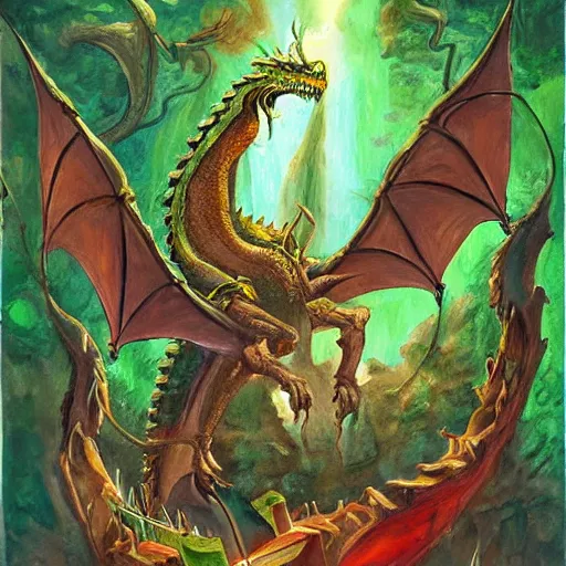 Image similar to fairy tale, painting, large green dragon, dnd, inside a castle