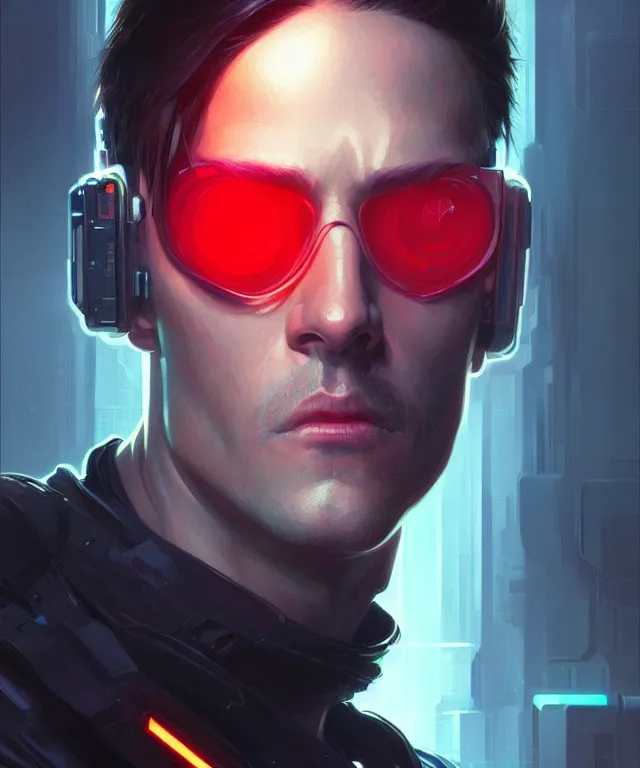 Image similar to Hacker cyberpunk man portrait, highly detailed, digital painting, artstation, concept art, smooth, sharp focus, illustration, art by artgerm and greg rutkowski and alphonse mucha