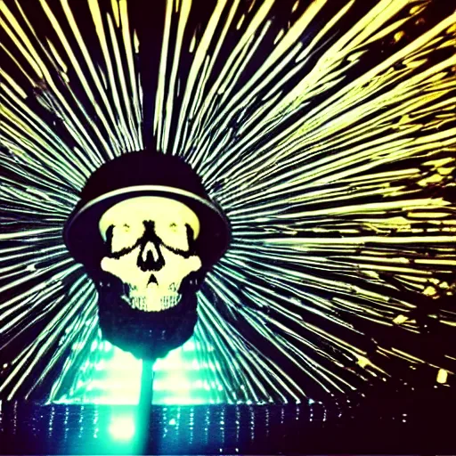 Image similar to a low poly disco skull full of long spikes, reflecting light in a nightclub, grainy film photograph