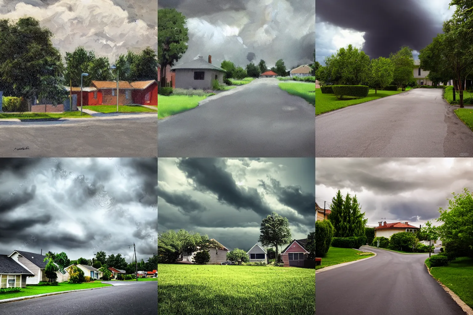 Prompt: quiet neighborhood in summer, dark grey clouds of a storm in the back, sunny place