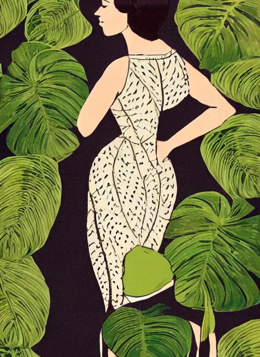 Image similar to a woman in dress inspired by monstera leaves