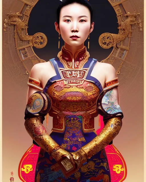 Image similar to portrait of a chinese cyberpunk machine, machine face, arms, upper half portrait, decorated with chinese opera motifs, regal, asian, fine china, wuxia, traditional chinese art intricate intense elegant 京 剧 highly detailed digital painting artstation concept art smooth sharp focus illustration, art by artgerm and greg rutkowski alphonse mucha 8 k