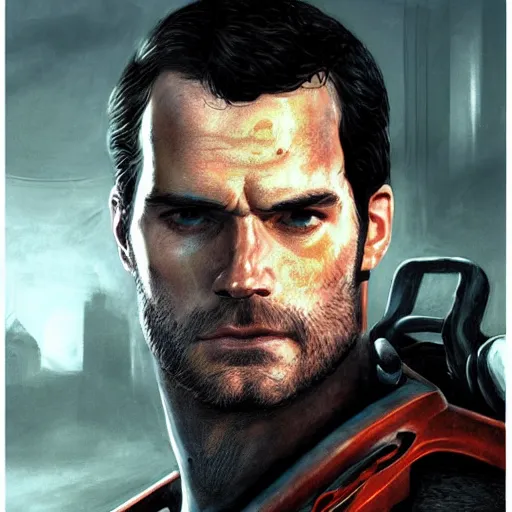 Image similar to a potrait of Henry Cavill as Gordon Freeman in half-life 2 with full armory by Greg Rutkowski, Sung Choi, Mitchell Mohrhauser, Maciej Kuciara, Johnson Ting, Maxim Verehin, Peter Konig, Zack Snyder, 8k photorealistic, cinematic lighting, HD, high details, dramatic, trending on artstation, full body shot