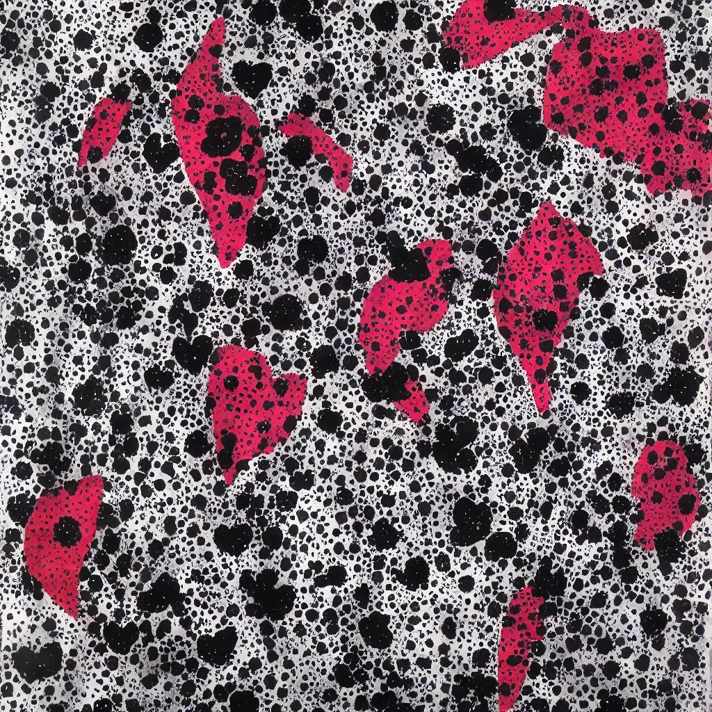 Image similar to camo made of hearts, smiling, abstract, rei kawakubo artwork, cryptic, dots, stipple, lines, splotch, color tearing, pitch bending, color splotches, dark, ominous, eerie, minimal, points, technical, old painting