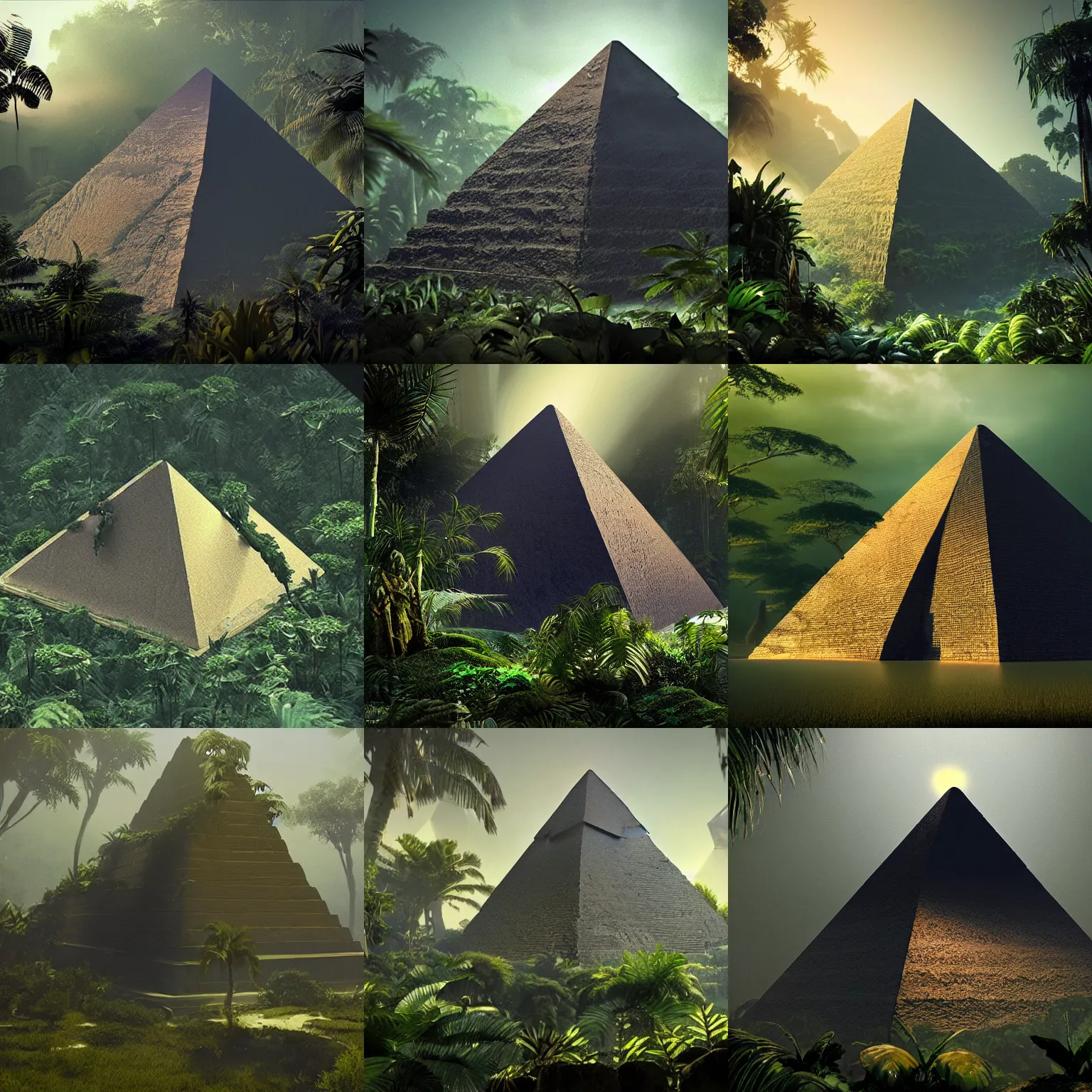 Prompt: pyramid that is black, in the jungle, plants environment, wide angle, cinematic lighting, atmospheric, realistic, octane render, highly detailed, in the style of craig mullins