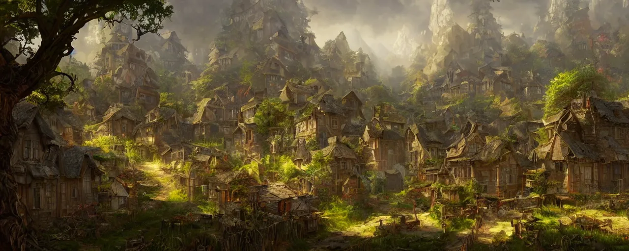 Image similar to a painting of a village located on top of trees in a wild forest, stunning intricate concept art by senior environment artist, cgsociety, fantasy art, matte painting, storybook illustration