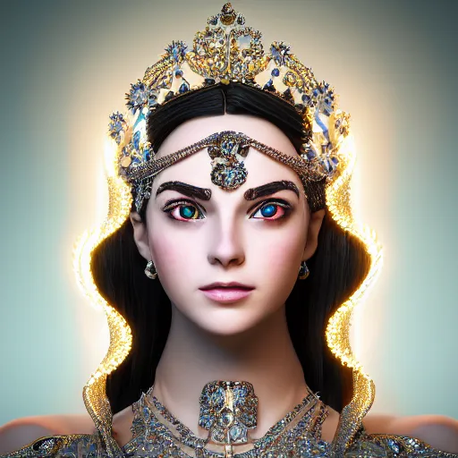 Image similar to portrait of wonderful princess of diamonds with fair skin, ornate, 8 k, gorgeous, intricate, detailed, glowing white accent lighting, dramatic lighting, octane render