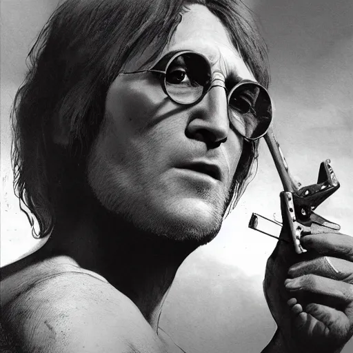 Image similar to john lennon as mickey knox in natural born killers, ultra realistic, concept art, intricate details, highly detailed, photorealistic, octane render, 8 k, unreal engine, art by frank frazetta, simon bisley, brom