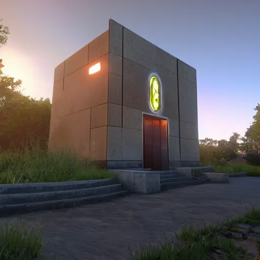Image similar to solarpunk chapel from the outside, beautiful lighting, photorealistic, detailed, unreal engine 5