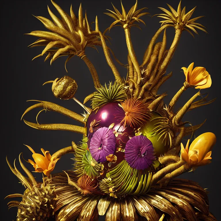 Prompt: still life of surreal alien tropical flowers, surreal alien spiky tropical fruit, metallic glossy shiny human spine, baroque painting, beautiful detailed intricate insanely detailed octane render, 8K artistic photography, photorealistic, chiaroscuro, Raphael, Caravaggio