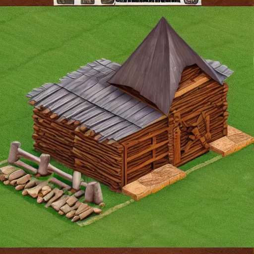 Prompt: medieval isometric saw mill building made of lumber and stone, primitive processing plant, beautiful design with warm colors, all kind of logs laying around, game asset 3d design