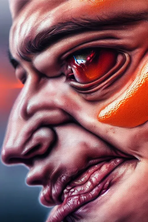 Prompt: hyperrealistic close-up graffiti exoskeleton! chinese man highly detailed concept art eric zener elson peter cinematic hard orange lighting high angle hd 8k sharp shallow depth of field