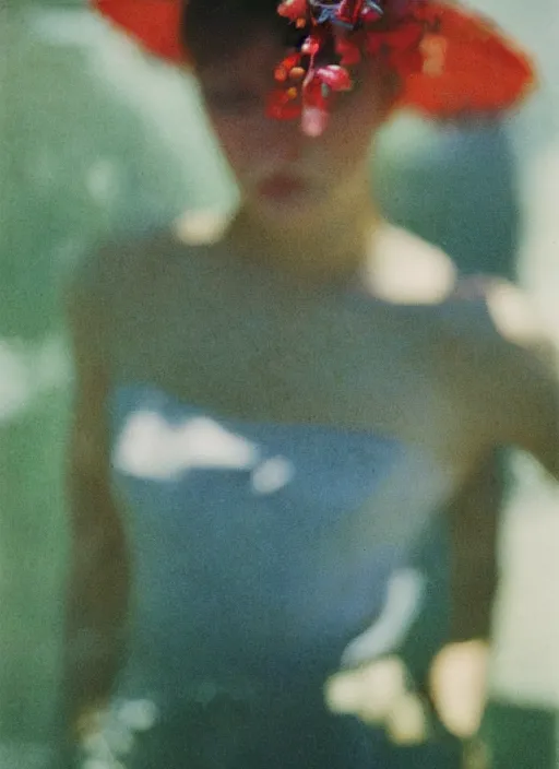 Image similar to out of focus, head to shoulders woman, photography by saul leiter and ernst haas in a decorated pompeii peristylium, tea green, airforce blue, red, pale skin, closed eyes
