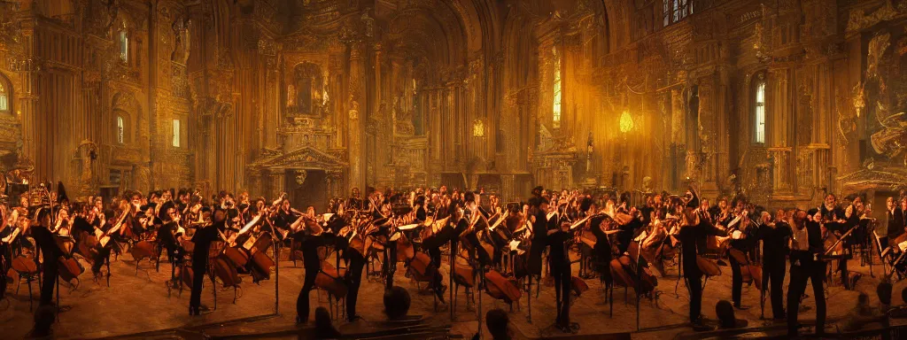 Prompt: painting of a tango orchestra performance in a gigantic church, epic, cinematic composition, ultra detailed, 4 k, ( distant shot ), dramatic lighting, trending on artstation