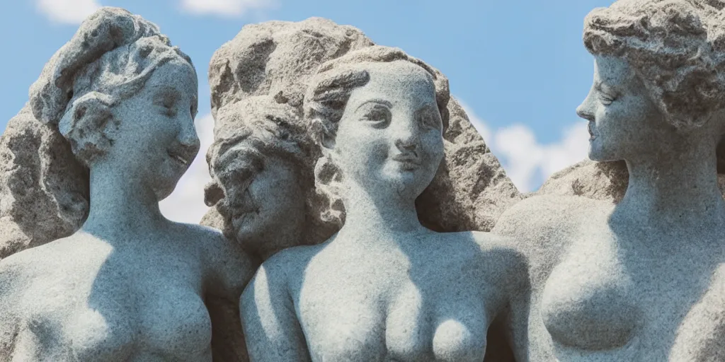 Prompt: a closeup shot of a stone made a statue of a couple with a blue sky