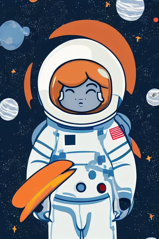 Prompt: a little boy with ginger hair floating in space. he is an astronaut wearing a space suit. clean elegant simple illustration, beautiful detailed face.