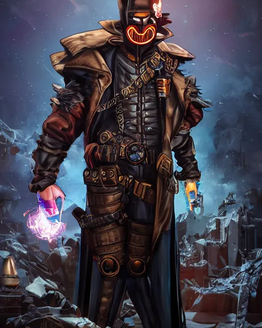 Image similar to steampunk batman with fire and ice magic coming out from his hands in a dystopian environment, full body view, highly detailed, amazing digital art, artstation, sharp focus