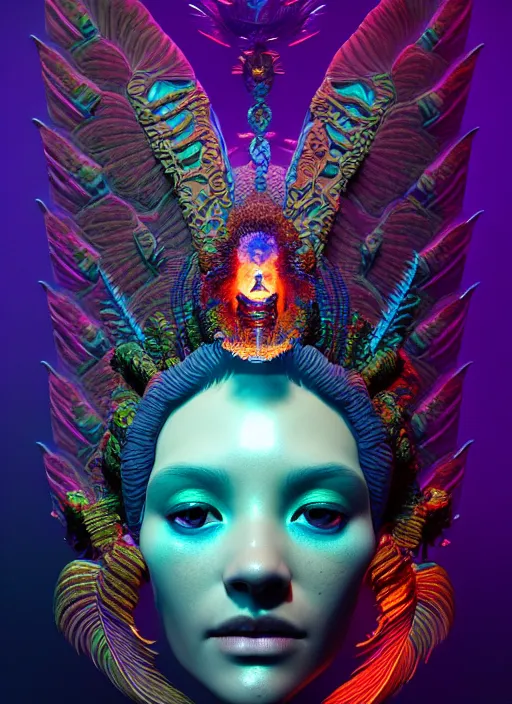 Prompt: 3 d goddess portrait, 8 k micro details global illumiantion beautiful intricate highly detailed quetzalcoatl skull and feathers. bioluminescent, plasma, fire, snow, water, wind, creature, thunderstorm! artwork by tooth wu and wlop and beeple and greg rutkowski, trending on artstation,