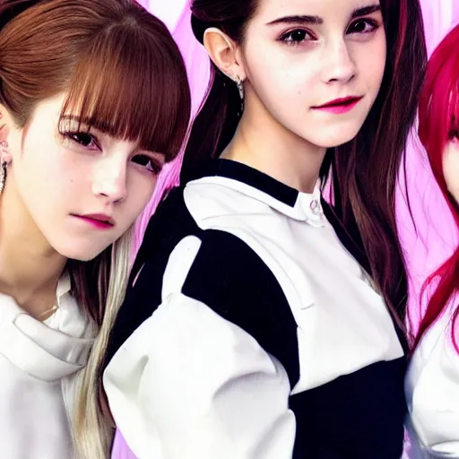 Image similar to Emma Watson as Kpop idol girl group Blackpink; She is dancing on the stage; Wearing girlish Suits