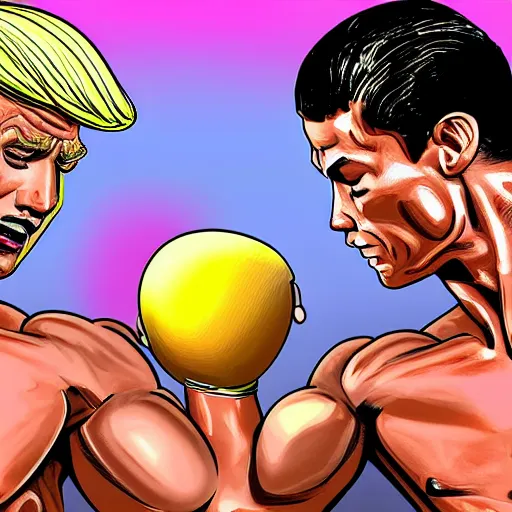 Prompt: muscular donald trump and cristiano ronaldo in love looking at their baby, detailed and realistic, 4 k, bright color, epic digital art