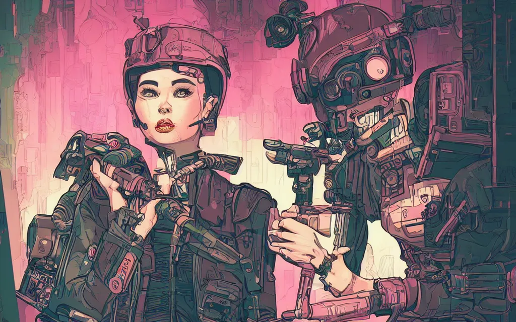 Prompt: very detailed, prophet graphic novel, ilya kuvshinov, mcbess, rutkowski, simon roy, illustration of a cyberpunk military woman, colorful, cinematic composition, studio lighting