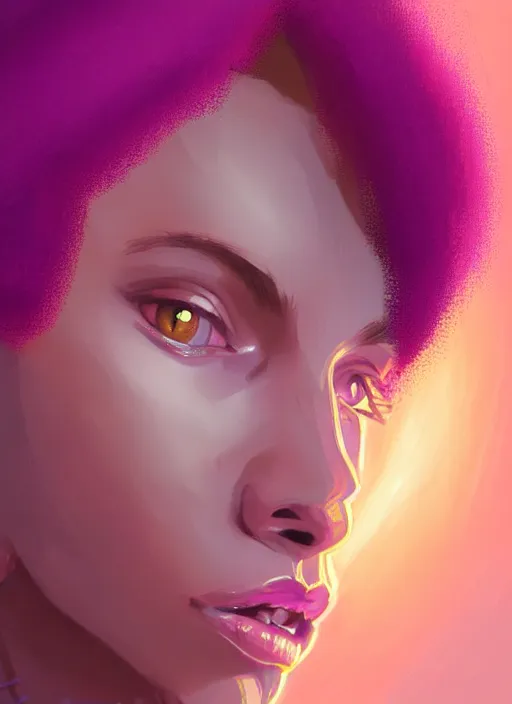 Image similar to portrait of teenage vanessa morgan with bright pink hair, vanessa morgan, curly pixie cut hair, wearing a purple breton cap, breton cap, hoop earrings, intricate, elegant, glowing lights, highly detailed, digital painting, artstation, concept art, smooth, sharp focus, illustration, art by wlop, mars ravelo and greg rutkowski