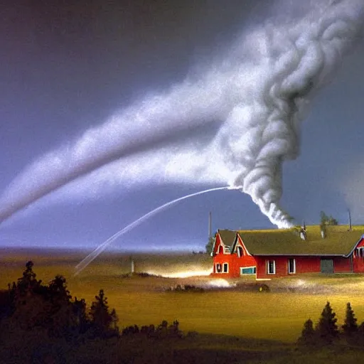 Prompt: an epic view of a smoke tornado destroying a farmhouse, twister, dust devils, flying particles, concept art, by jean duplessis - bertaux