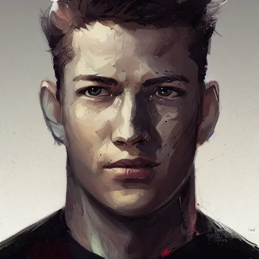 Image similar to portrait of a man by greg rutkowski, he looks like tye sheridan, he is about 2 0 years old, messy brown hair, tired eyes, he is wearing a black and white kevlar superhero suit, highly detailed portrait, digital painting, artstation, concept art, smooth, sharp foccus ilustration, artstation hq