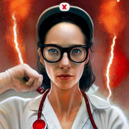 Prompt: an female nurse in a white dress and short sleeves, red hair, glasses, hobo gloves, hat, lighting strike backround, explosions, cloudy, digital painting, artstation, concept art, donato giancola, Joseph Christian Leyendecker, WLOP, Boris Vallejo, Breathtaking, 8k resolution, extremely detailed, beautiful, establishing shot, artistic, hyperrealistic, octane render, cinematic lighting, dramatic lighting, masterpiece, light brazen, extremely detailed and beautiful face, centered, smooth, sharp focus