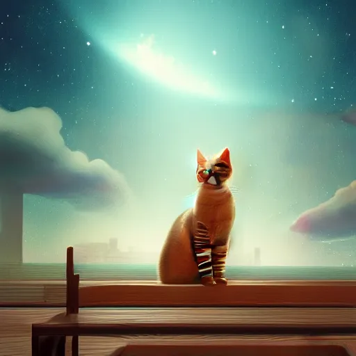 Prompt: rendering of cat sitting on a bench watching a black hole in the sky, highly detailed, digital painting, artstation, concept art, sharp focus, illustration, octane render, award winning