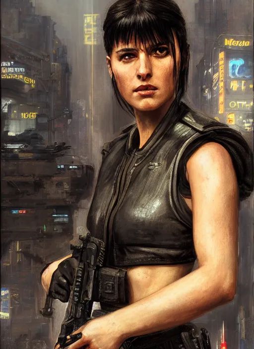 Image similar to sonya blade. cyberpunk police trooper in a military vest ( blade runner 2 0 4 9, cyberpunk 2 0 7 7 ). orientalist portrait by john william waterhouse and james gurney and theodore ralli and nasreddine dinet, oil on canvas. cinematic, hyper realism, realistic proportions, dramatic lighting, high detail 4 k