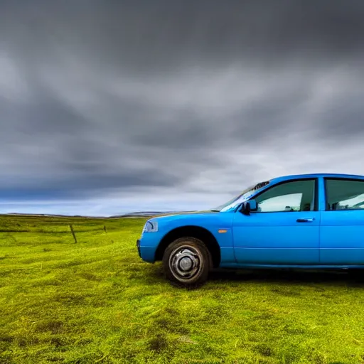 Prompt: a wide angle HDR photograph of a blue car in a field in Iceland, shot from low angle